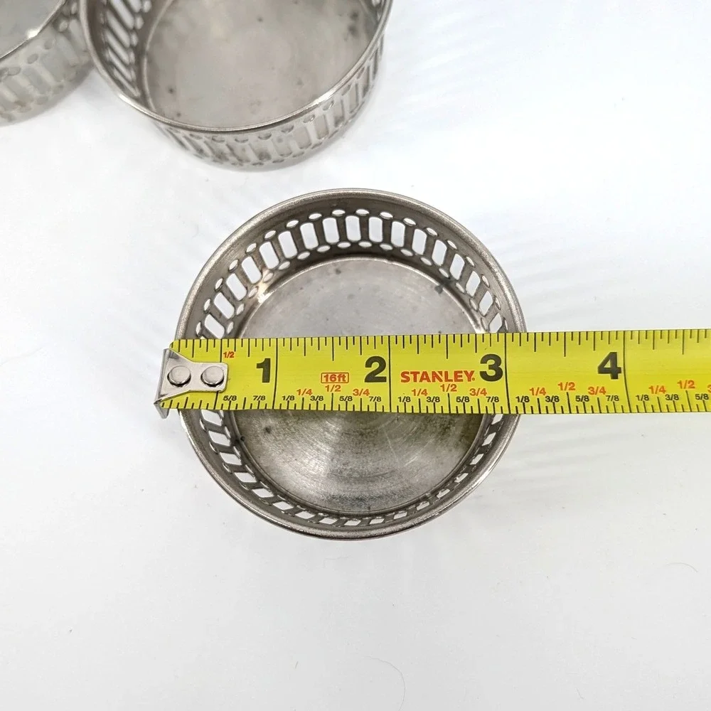 Vintage Silver Tone Metal Pierced Glass Holders Coasters Nuts Set of 6 3 Inch